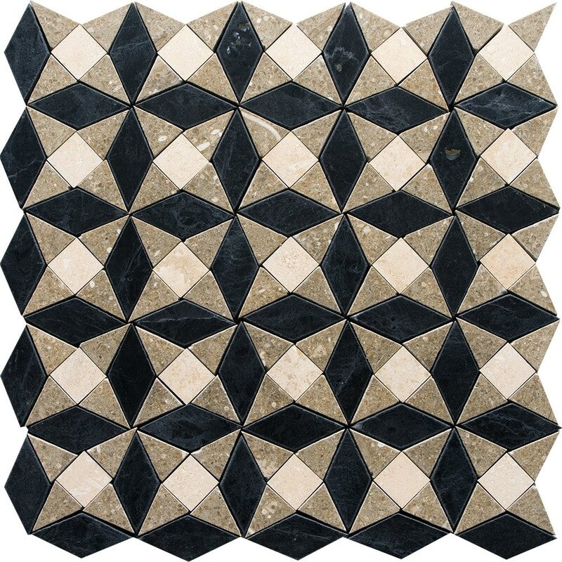 Keefer Mix Black, Champagne, Olive Green 12 5/8"x12 5/8" Honed Ghaya Marble Mosaic angle view