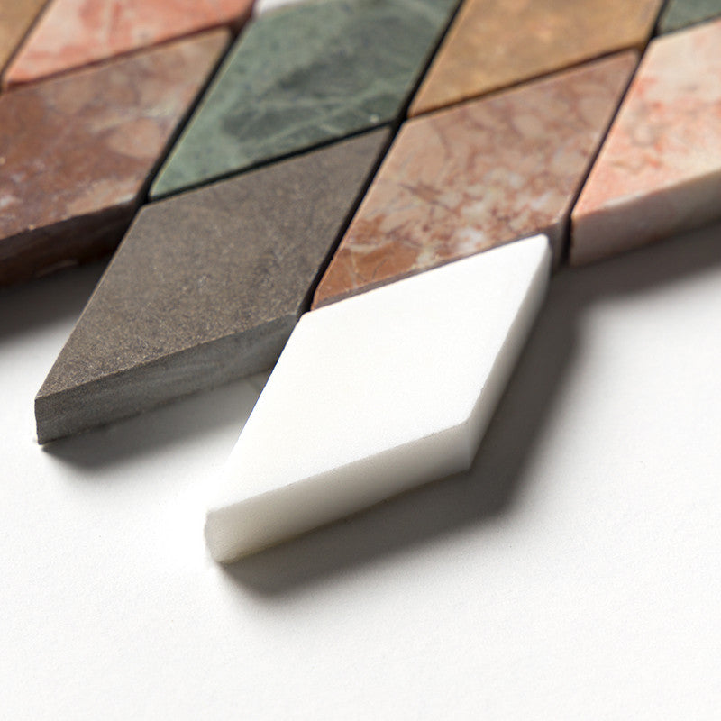 Keefer Mix Snow White, Bosphorus, Red Laguna, 10 1/8"x12 1/8" Honed Hazem Marble Mosaic edge view