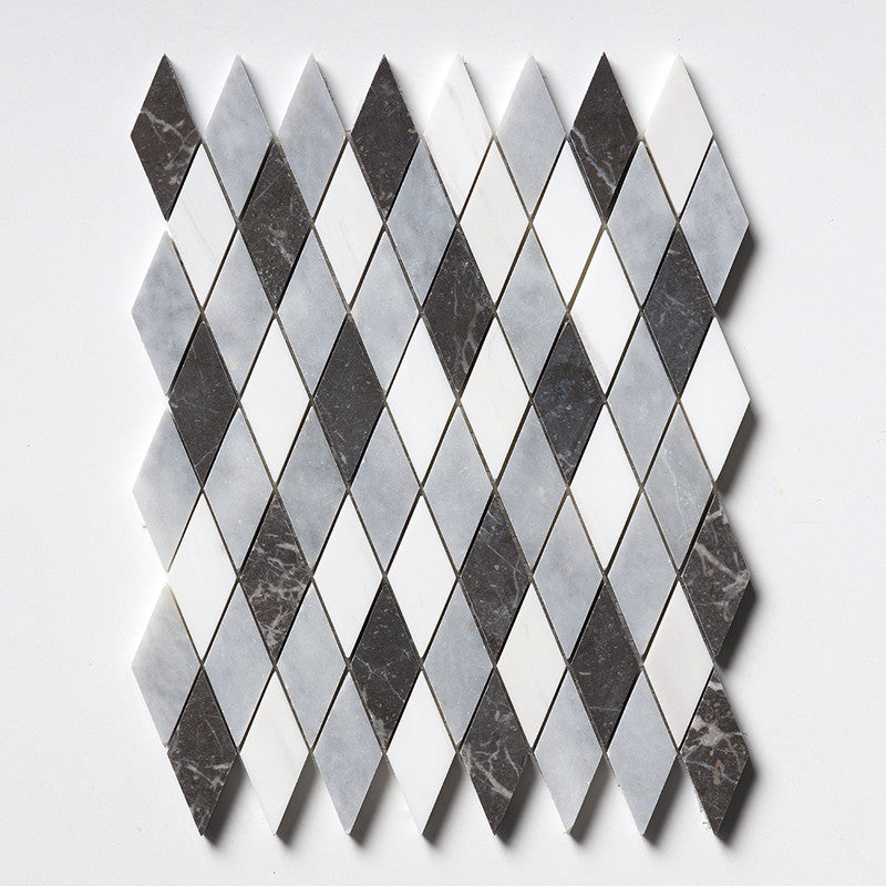 Keefer Mix Allure L, Iris Black, Bianco Dolomiti Cl 12"x12" Honed Hazem Marble Mosaic wall view