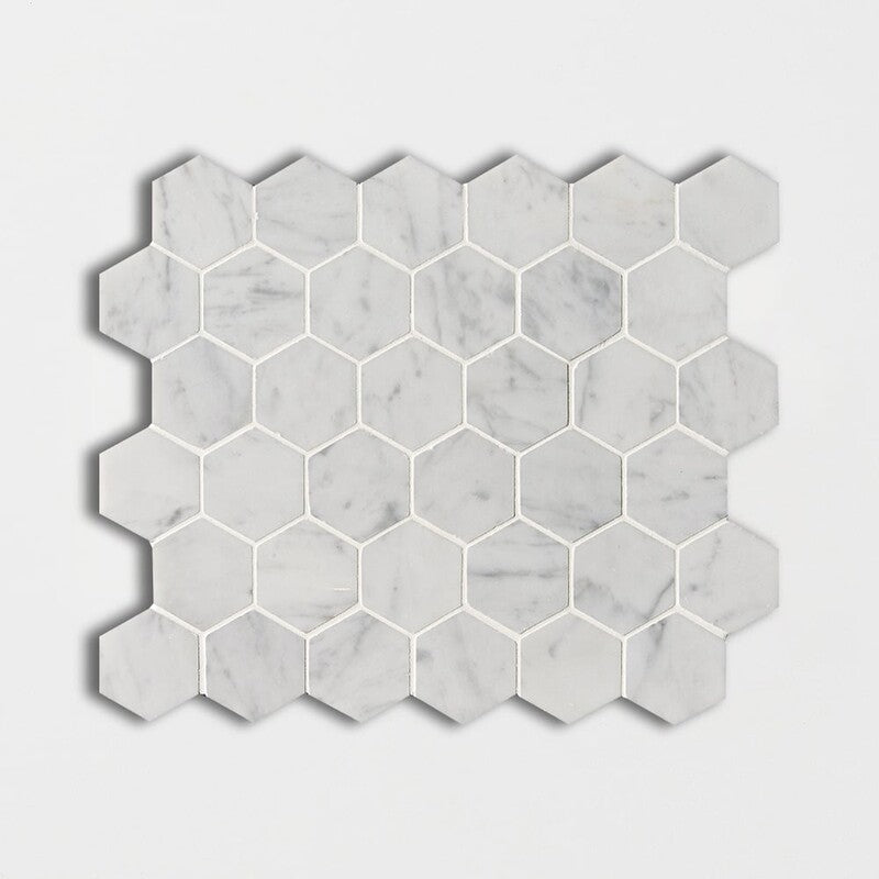 White Carrara 12"x12" Honed Hexagon Marble Mosaic profile view