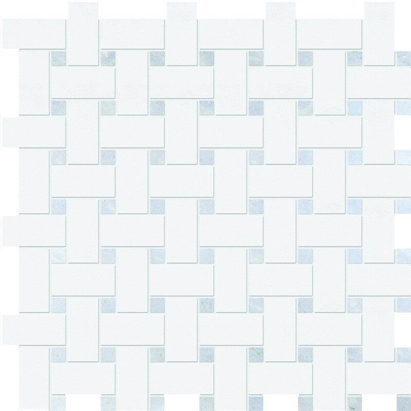 Keefer Mix White & blue Celeste 12"x12" Polished Basket Weave Marble Mosaic top view