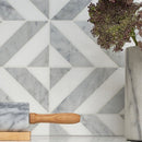 Keefer mix 8"x8 1/16" White Carrara Multi Finish Marina Chevron Marble Mosaic Product shoot mosaic view 1