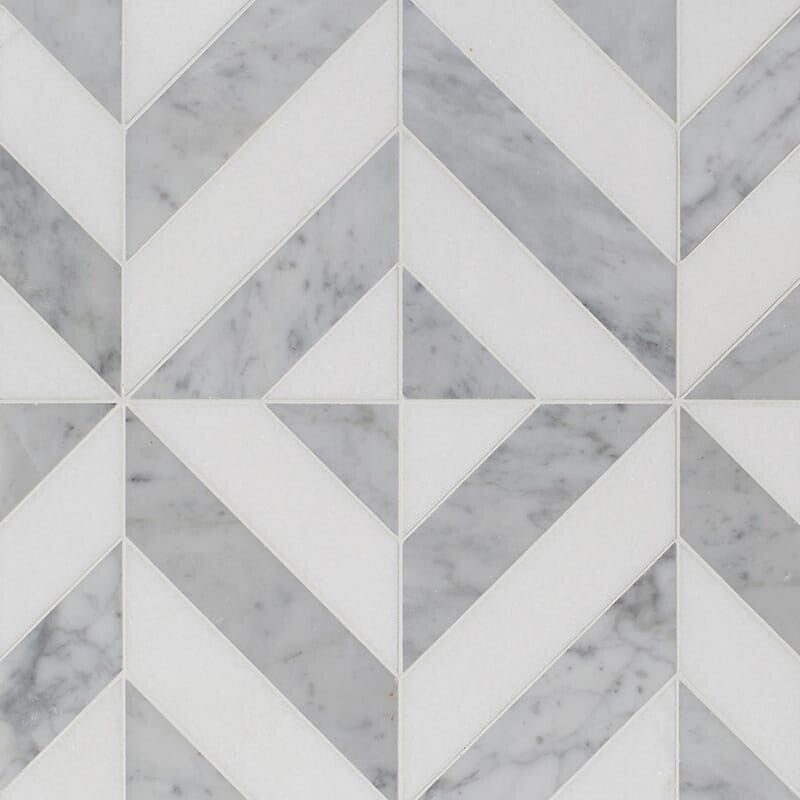 Keefer Mix 8"x8 1/16" White Carrara Multi Finish Marina Chevron Marble Mosaic Product shoot mosaic view