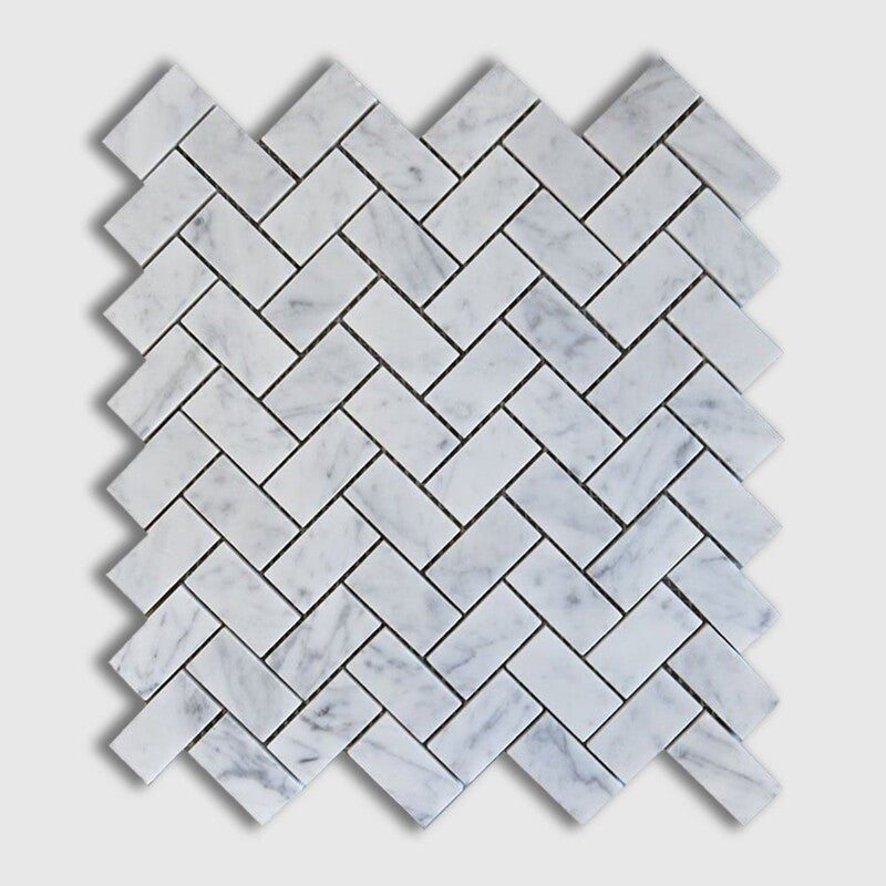 White Carrara 11"x11" Honed Herringbone 1x2 Marble Mosaic profile view