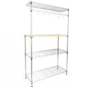 Carbon Steel Kitchen Bakers Rack with MDF Wood Shelf and Hanging Bar with Hooks