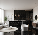 Modern living room with black marble walls, white furniture, and decorative elements.