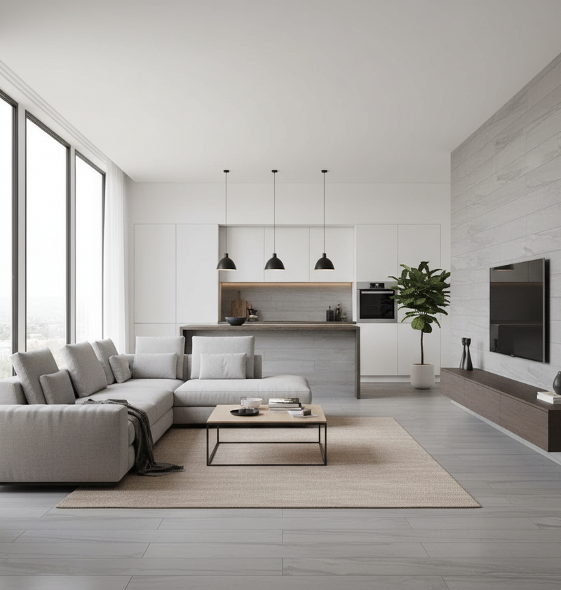Modern living room with a kitchen in the background