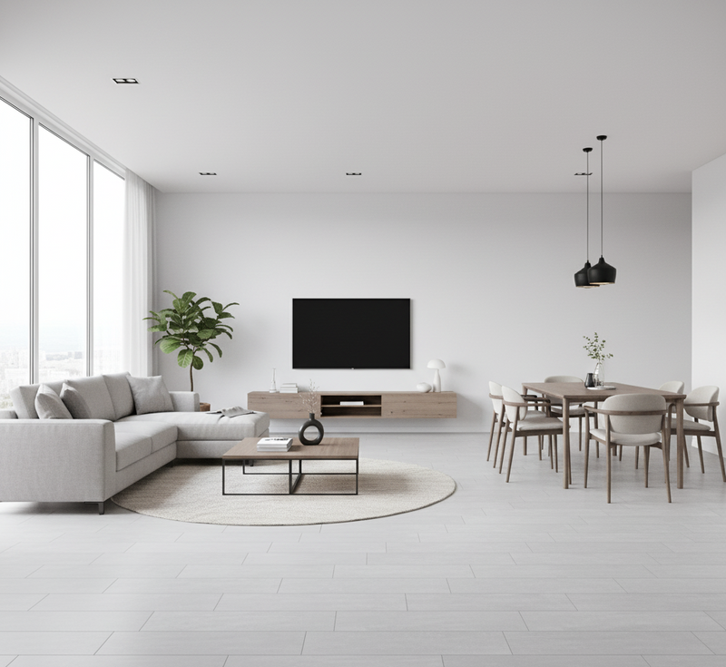 Modern living room with a sectional sofa, coffee table, and dining area.