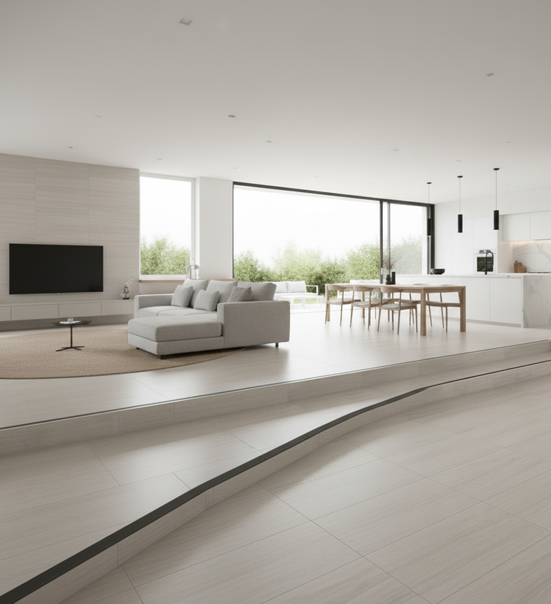 Modern living room with white furniture and large windows