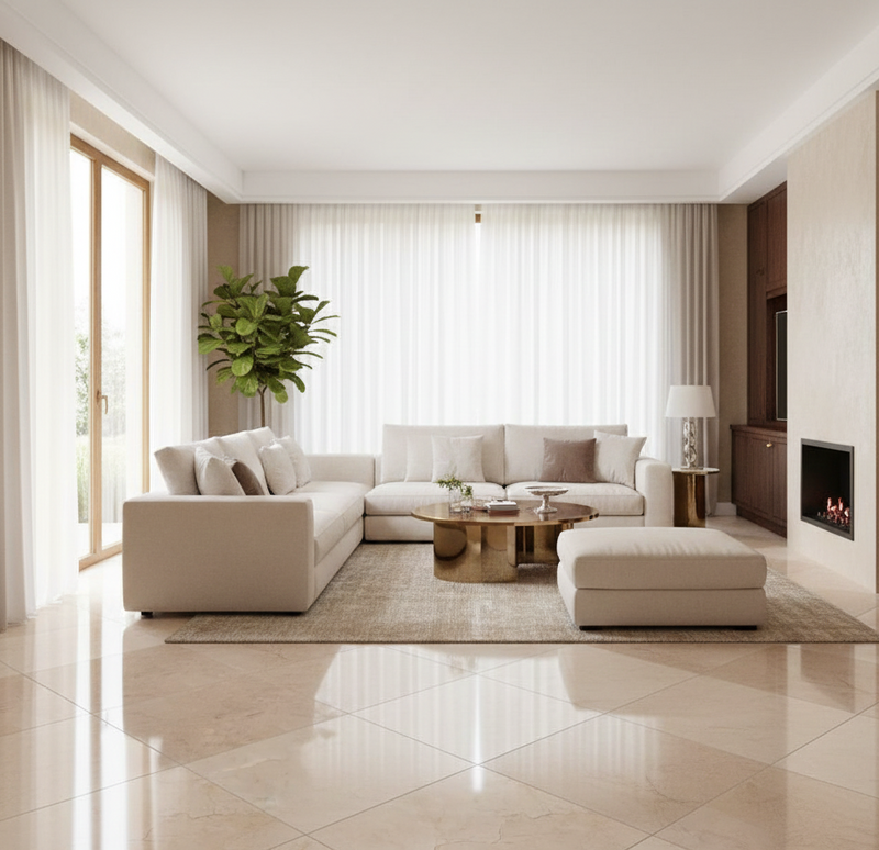 Modern living room with beige sectional sofa, coffee table, and fireplace.