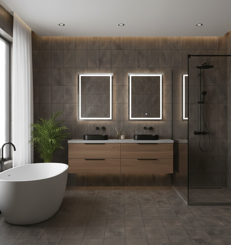 Modern bathroom with wooden vanity, freestanding bathtub, and glass shower enclosure.