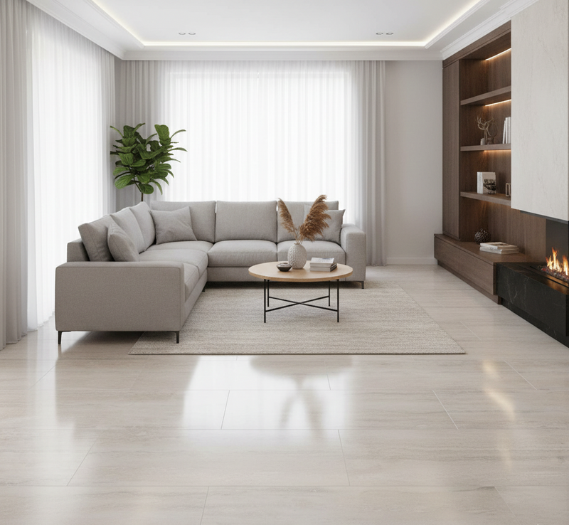 Modern living room with a gray sectional sofa, wooden coffee table, and decorative elements.
