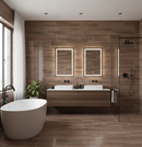 Modern bathroom with wooden tiles, a freestanding bathtub, and a double sink vanity.