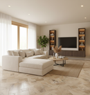 Modern living room with a beige sectional sofa, wooden coffee table, and wall-mounted TV.