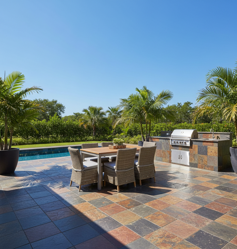 Outdoor patio with dining table, chairs, and grill area near a pool
