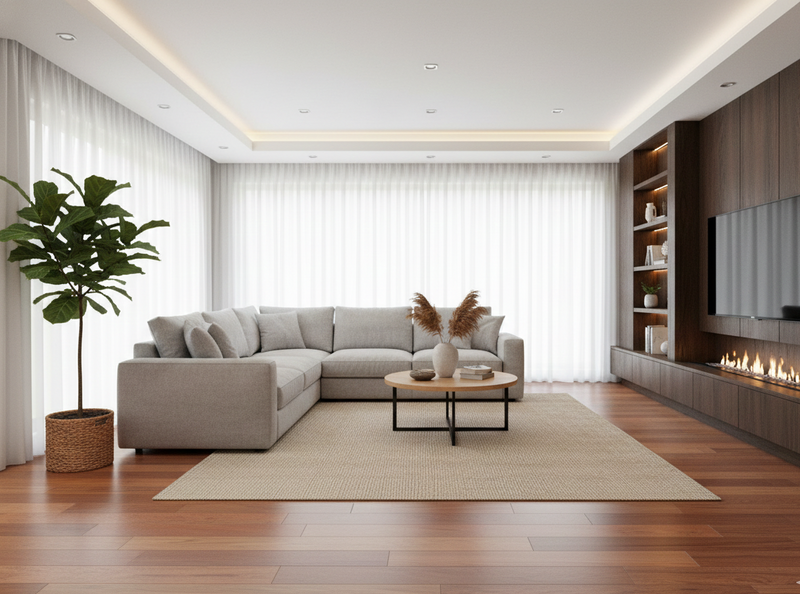 Modern living room with a sectional sofa, coffee table, and decorative elements.
