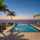 Pool area with lounge furniture and ocean view at sunset