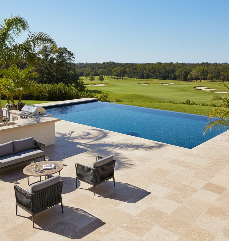 Outdoor patio with pool, chairs, and table overlooking a golf course