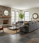 Modern living room with gray sofa, coffee table, and decorative elements.
