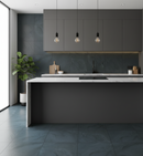Modern kitchen with dark gray cabinets and marble island