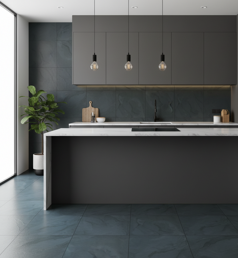 Modern kitchen with dark gray cabinets and marble island