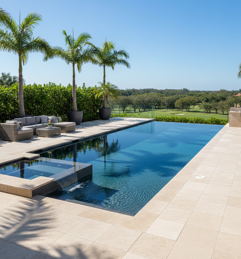 Modern pool area with lounge furniture and palm trees on a sunny day.