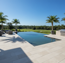 Outdoor pool area with lounge chairs, palm trees, and a grill on a sunny day.