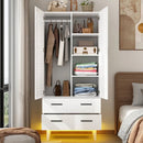 Mid-Century Wardrobe Armoire with Louver Doors Storage Drawers and Hanging Rod