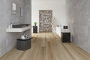 SPC Vinyl Rigid Core 9" Width 60" RL, 7mm Thick, 1.5mm IXPE Maison Tan Omnia Floors - Mazzia Collection Product shoot washroom view