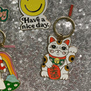 Maneki Neko Cute Cat  Brass and Enamel Keychain | Good Luck Charm Key Ring Holder