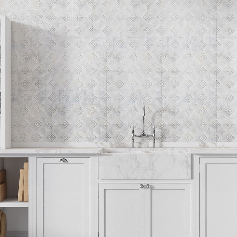 Marble mosaic dimensional tile mosaic backsplash tile polished installed to kitchen backsplash with white cabinets