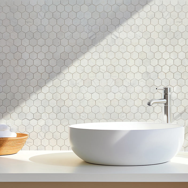 Marble mosaic tile 2 hexagon mosaic backsplash tile polished installed bathroom wall behind counter sink