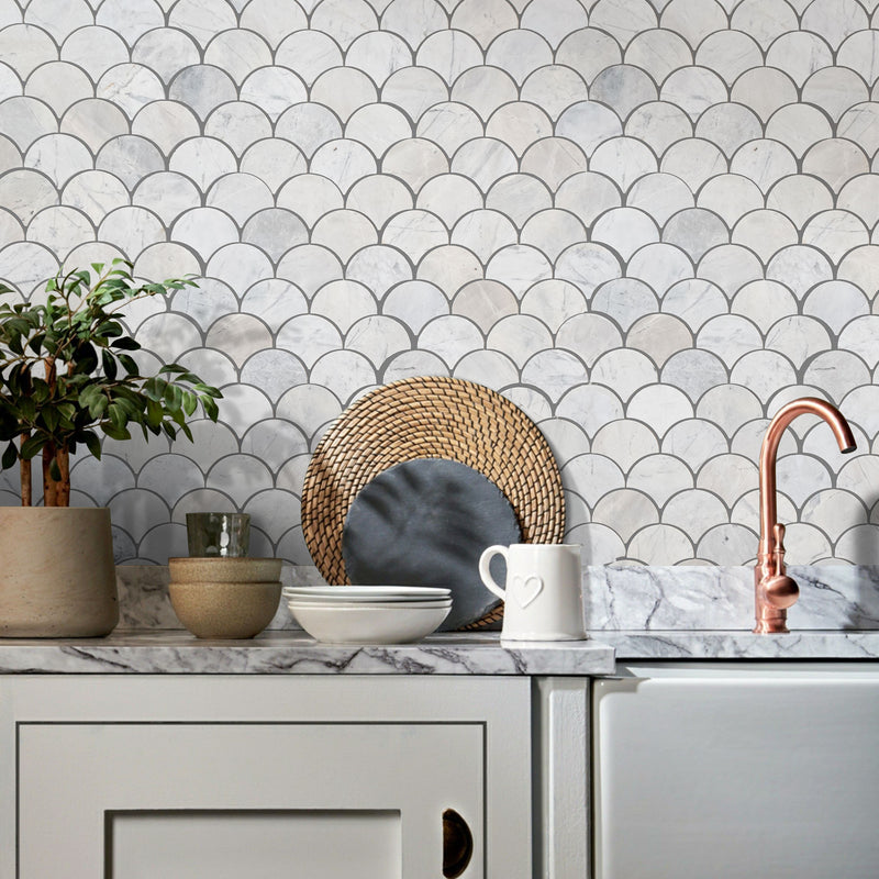 Marble mosaic tile laguna pattern mosaic backsplash tile polished installed modern kitchen wall