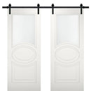 Mela 7012 Matte White Double Barn Door with Frosted Glass | Black Rail