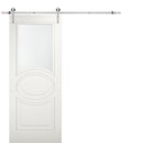 Mela 7012 Matte White Barn Door with Frosted Glass and Silver Finish Rail