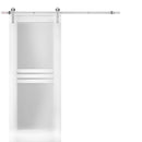 Mela 7222 White Silk Barn Door with 4 Lites Frosted Glass and Silver Finish Rail
