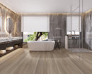 WPC Vinyl Rigid Core 7" Width 60" RL, 9.5mm Thick, 1.5mm IXPE Metallic Taupe Domaine Floors - Mazzia Collection bathroom view