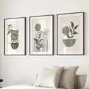 3 Piece Boho Wall Art Prints. Green Mid-Century Abstract Decor