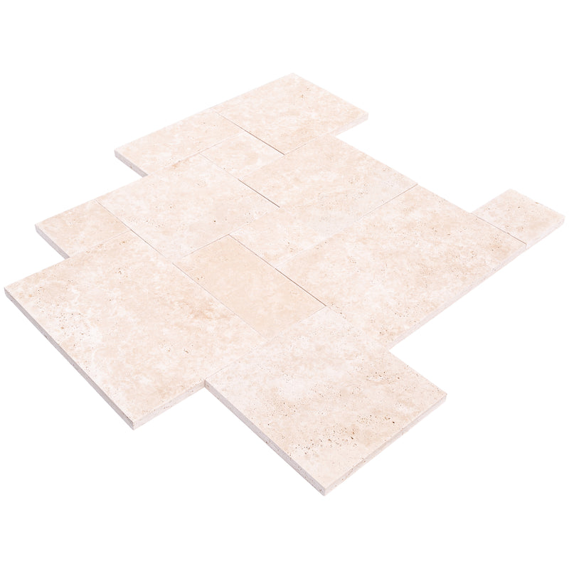 Miletos ivory travertine pavers unfilled tumbled pattern angle view
