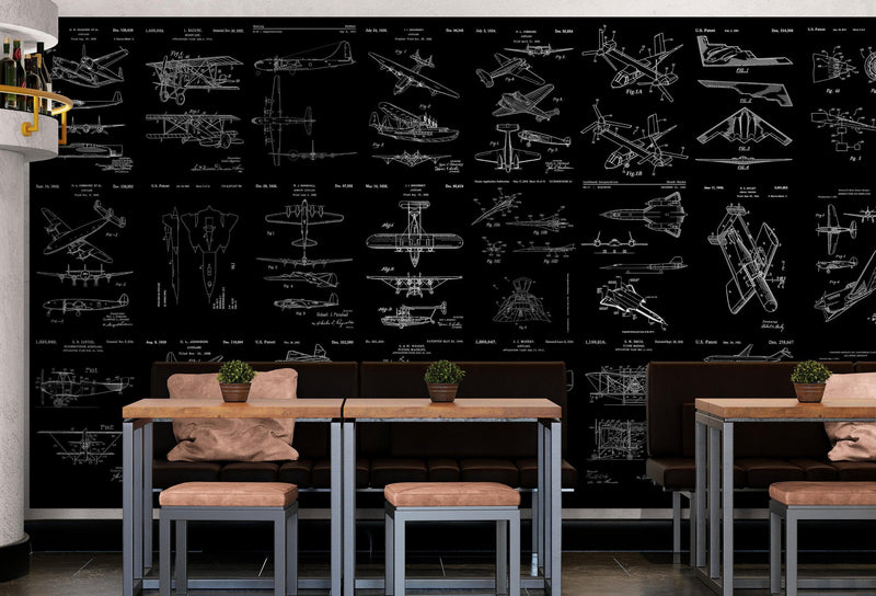 Aviation Wallpaper Mural. Featuring Military Jet and Airplane Patent Designs.