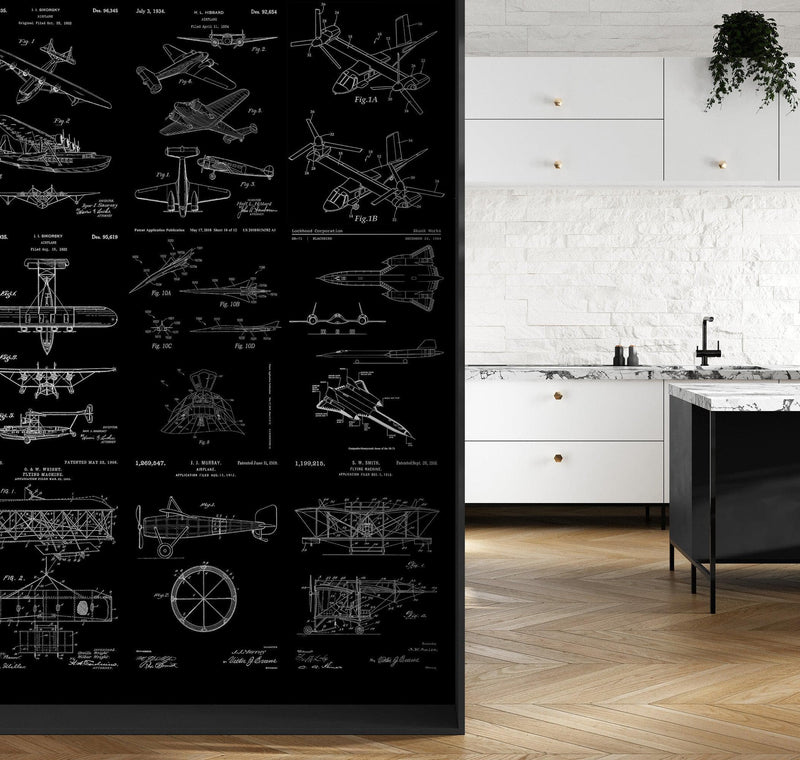 Aviation Wallpaper Mural. Featuring Military Jet and Airplane Patent Designs.