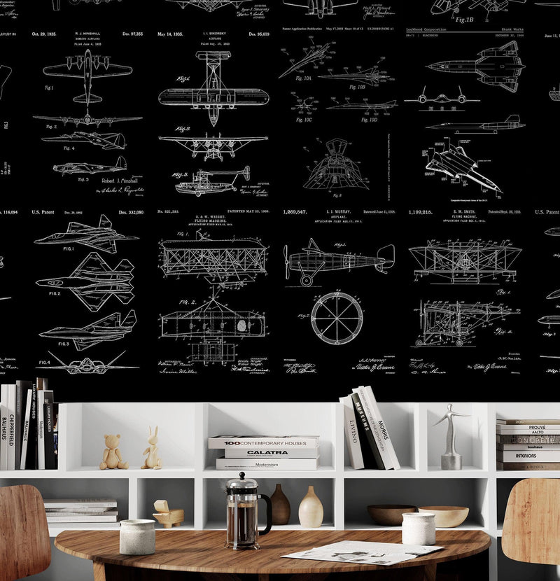 Aviation Wallpaper Mural. Featuring Military Jet and Airplane Patent Designs.