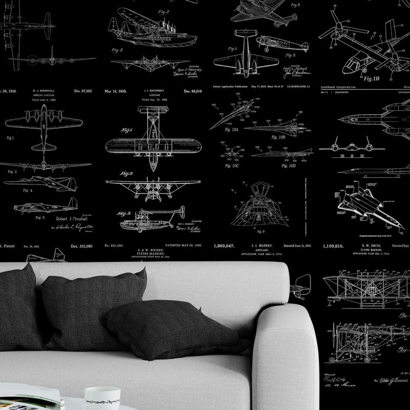 Aviation Wallpaper Mural. Featuring Military Jet and Airplane Patent Designs.