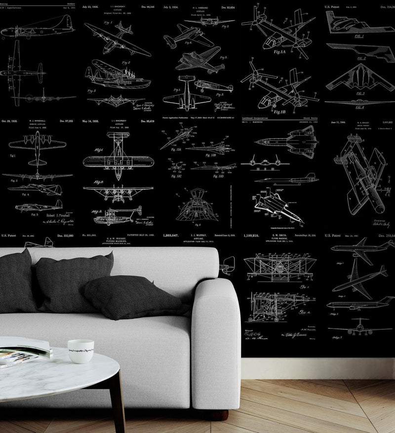 Aviation Wallpaper Mural. Featuring Military Jet and Airplane Patent Designs.