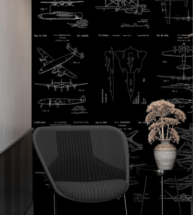 Aviation Wallpaper Mural. Featuring Military Jet and Airplane Patent Designs.