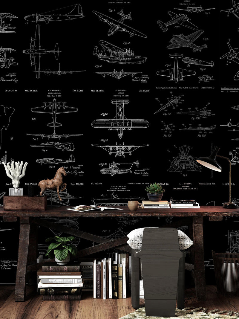 Aviation Wallpaper Mural. Featuring Military Jet and Airplane Patent Designs.