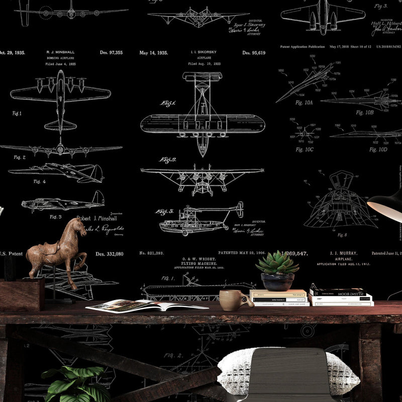 Aviation Wallpaper Mural. Featuring Military Jet and Airplane Patent Designs.