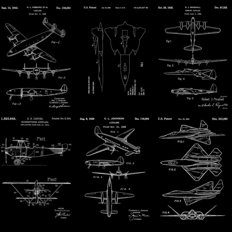 Aviation Wallpaper Mural. Featuring Military Jet and Airplane Patent Designs.