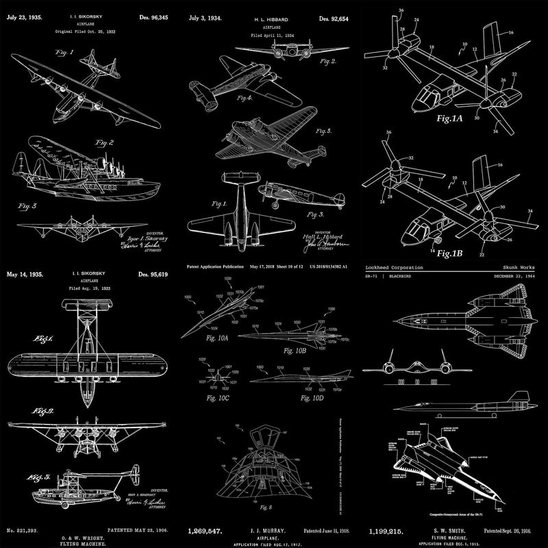 Aviation Wallpaper Mural. Featuring Military Jet and Airplane Patent Designs.