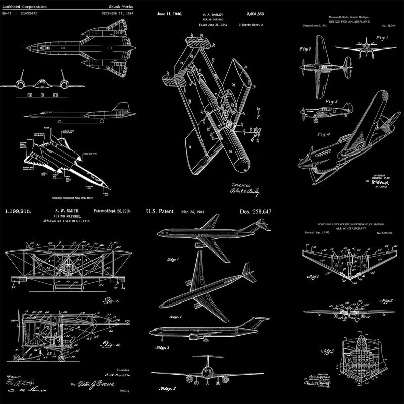 Aviation Wallpaper Mural. Featuring Military Jet and Airplane Patent Designs.